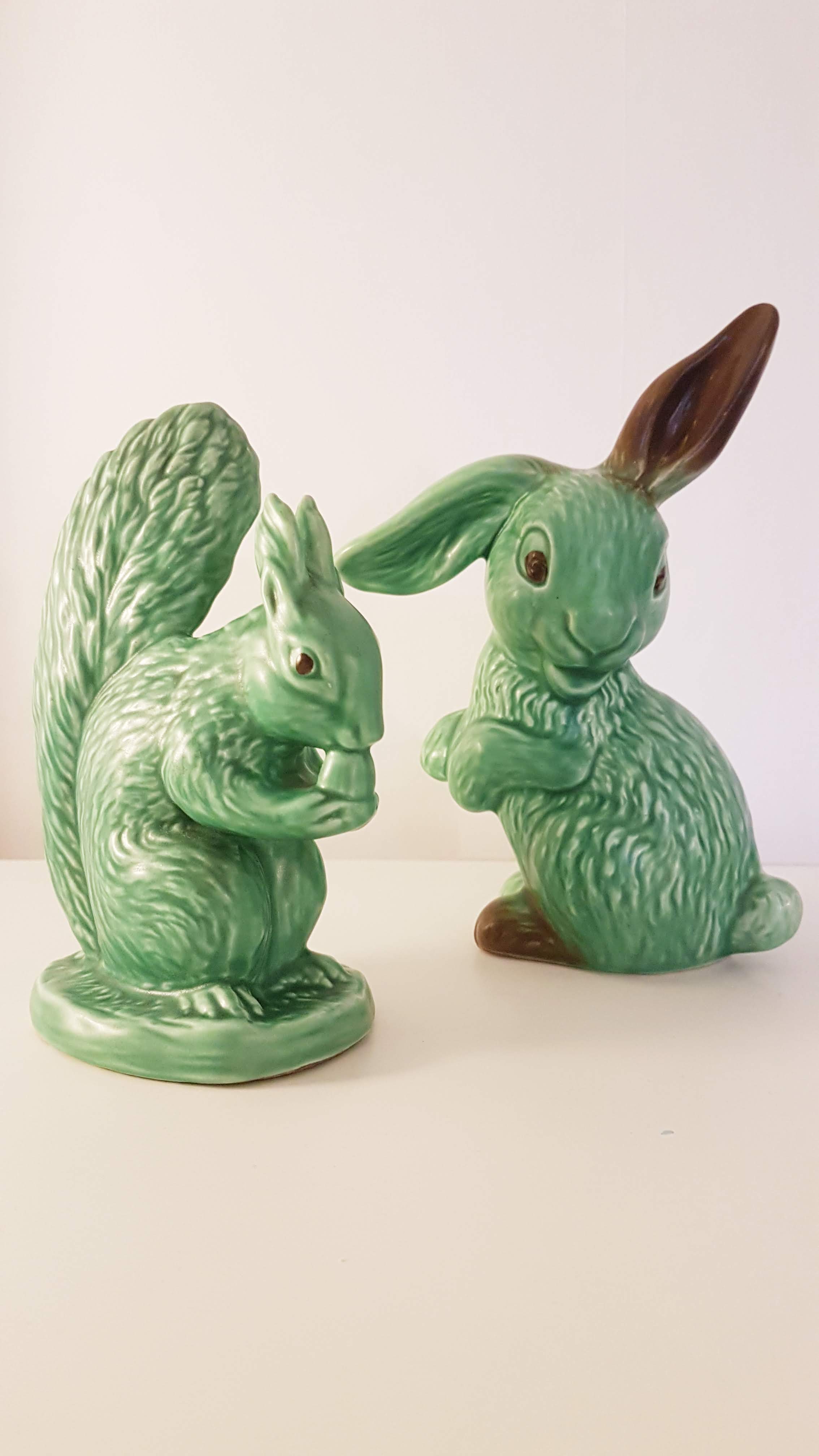 SylvaC lop-ear rabbit and squirrel in gloss green glaze